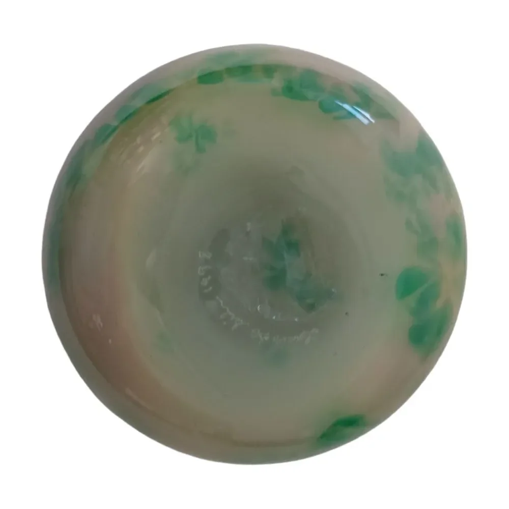 Hand Blown Studio Art Glass Votive Candle Holder Green Floral Tealight‎ Signed